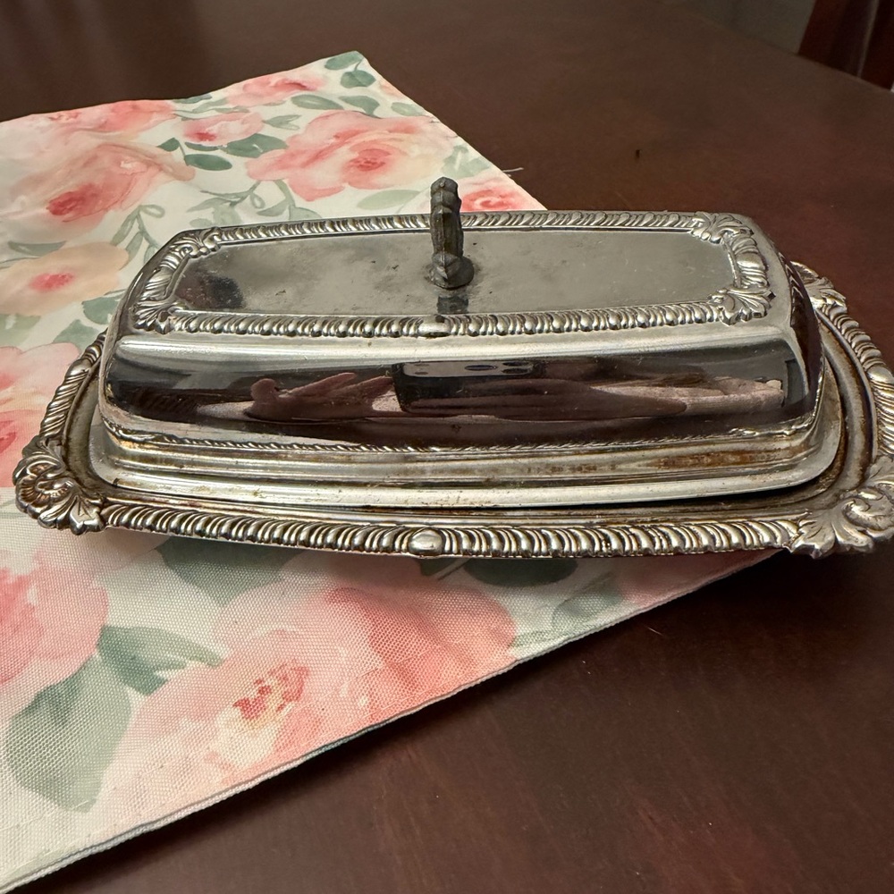 Classic Silver Butter Dish with Ornate Edge - Polished Serving Lid